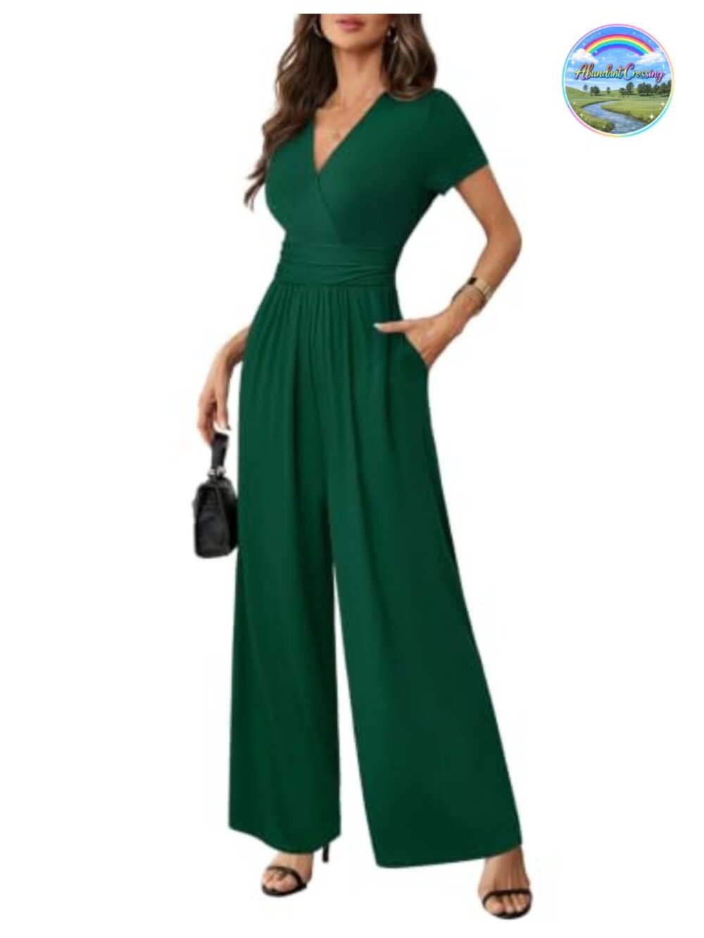Women's Short Sleeve V-Neck Wide Leg Jumpsuit with Pockets